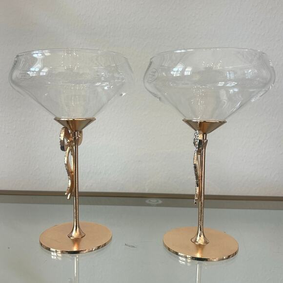 New Viral GOLD BOW Rhinestone Coupe Cocktail Glasses Set of 2 New - Picture 3 of 10